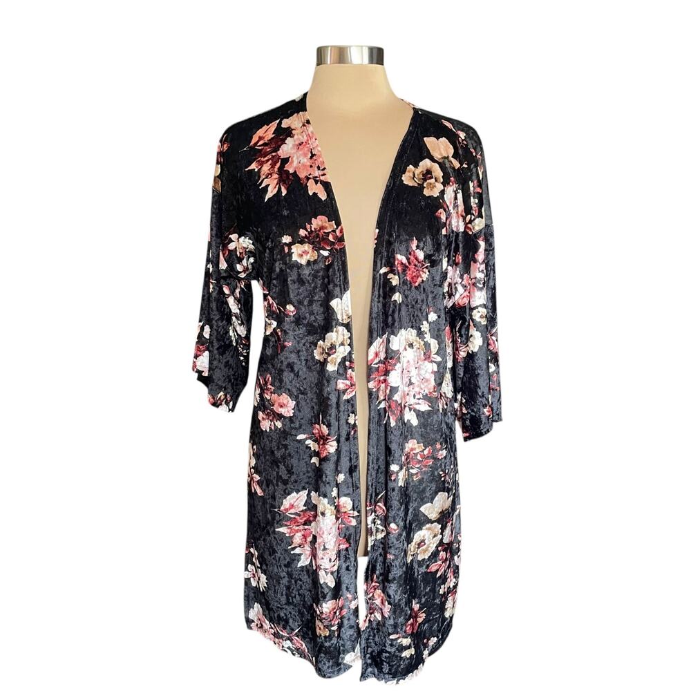 Black‎ Velvet Floral Print Long Line Kimono MED Dark Cottage Whimsigoth Romantic